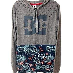 DC Mens Long Sleeve Hoodie Top Shirt  Gray Floral Front Pocket  SZ L EUC